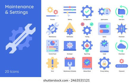 Set von Wartung und Einstellung Symbol in flachen Stil enthalten wie Option, Konfiguration, Test und mehr.