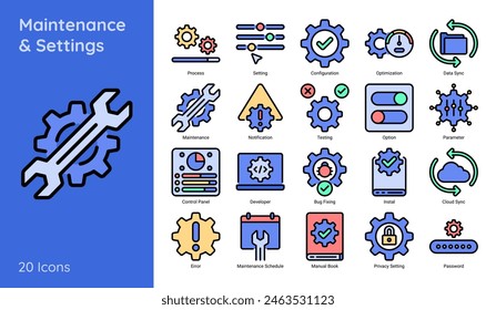 Set of Maintenance and Setting Icon in Line Color Style Contain Such as Control Panel, Bug Fixing and More.