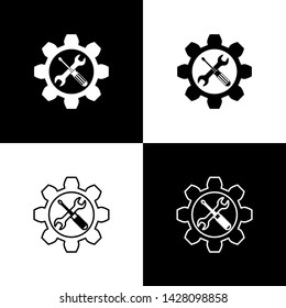 Set Maintenance symbol - wrench and screwdriver in gear icon isolated on black and white background. Service tool symbol.  Vector Illustration