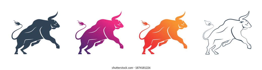 Set of majestic bull profile side view icons. Taurus Zodiac sign. Domestic cow, side view. Ox Sacred animal, astrology vector flat design icon. Symbol of the year 2021 