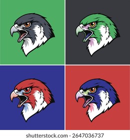 Set of majestic peregrine falcon head mascot vector illustrations. This collection features a powerful bird of prey character in four different color schemes, perfect for an esports team logo, sports 