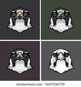 Set of majestic peregrine falcon head mascot vector illustrations. This collection features a powerful bird of prey character in four different color schemes, perfect for an esports team logo, sports 