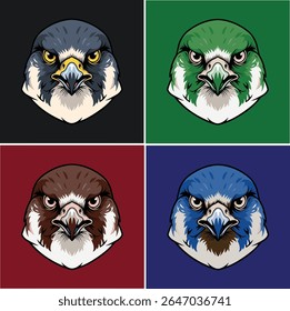 Set of majestic peregrine falcon head mascot vector illustrations. This collection features a powerful bird of prey character in four different color schemes, perfect for an esports team logo, sports 