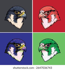 Set of majestic peregrine falcon head mascot vector illustrations. This collection features a powerful bird of prey character in four different color schemes, perfect for an esports team logo, sports 