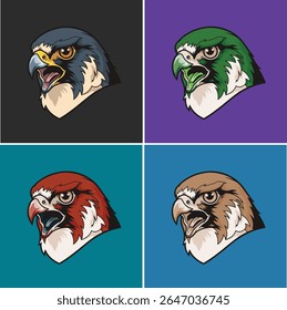 Conjunto de majestosas ilustrações vetor de cabeça de falcão peregrino mascote. Esta coleção apresenta um poderoso personagem de ave de rapina em quatro esquemas de cores diferentes, perfeito para um logotipo da equipe de esportes 