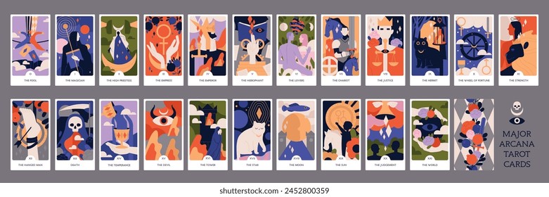 Set of Major Arcana Tarot cards. Occult and esoteric attributes with magical symbols and signs. Spiritual pack for fortune telling. Cartoon flat vector collection isolated on gray background