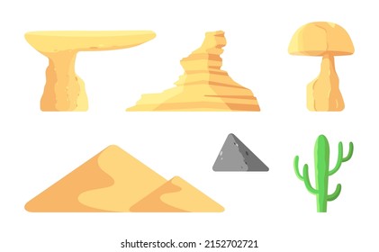 Set of major landforms aeolian elements isolated on white background. Geography landforms (mushroom rock, yardang, sand dunes, ventifact, and cactus) with round cartoon style.