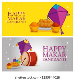 set makar sankranti celebration with food and drum