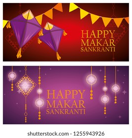 set makar sankranti celebration with party banner and kites