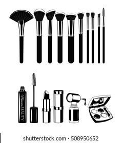 Set of Make Up Brushes and Cosmetics for Make up. Isolated On White Background