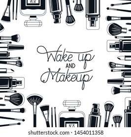 set of make up brushes and products frame around