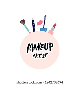 Set of make up hand drawn doodle icons vector isolated. Lettering.