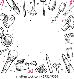 Set of make up hand drawn doodle icons vector isolated