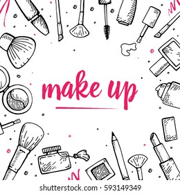 Set of make up hand drawn doodle icons vector isolated