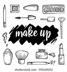 Set of make up hand drawn doodle icons vector isolated