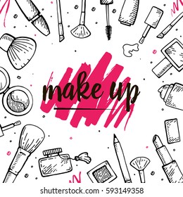 Set of make up hand drawn doodle icons vector isolated