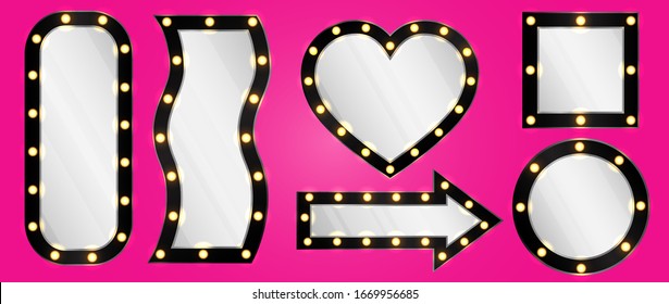 Set of make up illuminated mirrors on pink background. Hollywood vertical mirror with black frames and yellow lights around. Kids girlish dressing room. Toilet vintage style. Сrimson color banner wall