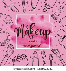 set make up lipstick brushes products frame vector illustration. brushes mirror lipstick eyeliner vector.  Make up Blogger youtuber pink background