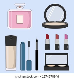 Set of make up powder cream foundation mascara eyeliner eye shadow perfume vector illustration