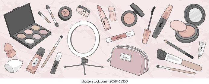 Set of make up products and brushes isolated on background. Hand drawn cosmetics set. Mascara, lipstick, eye shadows, brush, powder, lip gloss. Vector illustration