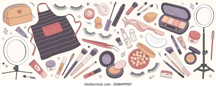 Set of make up products, brushes and tools isolated on background. Vector illustration