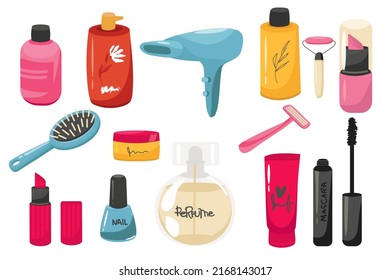 Set of make up products, brushes and tools isolated on background. Vector illustration. Vector illustration , cream, razor, hair dryer, comb, lipstick, mascara, perfume, varnish, soap, shampoo 