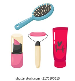 Set of make up products, brushes and tools isolated on background. comb lipstick cream , comb, massager, Vector illustration