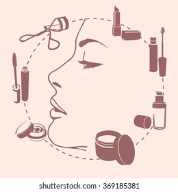 set make up tools around face silhouette in frame isolated accessory