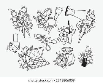 Set of make up tools with flower. Collection of beauty items with flower bouquet.Hairdressing equipment. Vector illustration for hairdressing salons. Logo design. Tattoo.