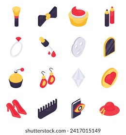 Set of Makeup Accessories Isometric Icons 

