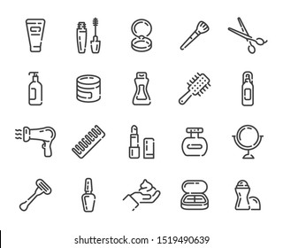 Conjunto de iconos de esquema de maquillaje y cosméticos de belleza. Ilustración vectorial de línea.