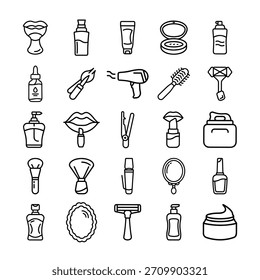 Set of Make-up and Beauty Products Vector Icons in Line Style.