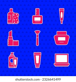 Set Makeup brush, Cream or lotion cosmetic tube, powder with mirror, Lipstick,  and Bottle of shampoo and sponge icon. Vector