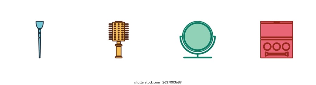 Set Makeup brush, Hairbrush, Round makeup mirror and Eye shadow palette icon. Vector