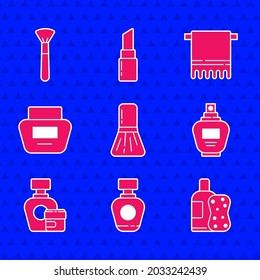 Set Makeup brush, Perfume, Bottle of shampoo and sponge, Cream or lotion cosmetic tube, Towel hanger and  icon. Vector