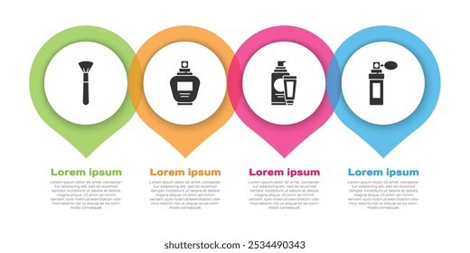 Set Escova de maquiagem, Perfume, Creme ou loção tubo cosmético e Perfume. Modelo de infográfico comercial. Vetor