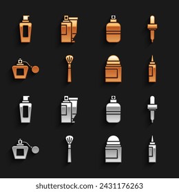 Set Makeup brush, Pipette, Cream or lotion cosmetic tube, Antiperspirant deodorant roll, Perfume, Bottle of shampoo and  icon. Vector