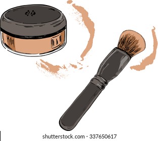 Set of makeup brush and powder with beige round spots on white background. Cartoon sketch drawn by ink. Hand drawn vector illustration.