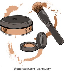 Set of makeup brush, powder and blush with beige round spots on white background. Cartoon sketch drawn by ink. Hand drawn vector illustration.