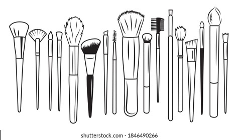 Set of makeup brushes. Collection of professional cosmetic brushes for makeup artists. Trendy women's accessory. Vector illustration of beauty products for salons.