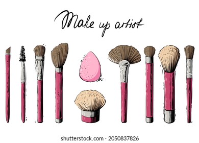 Set of makeup brushes, color vector illustration