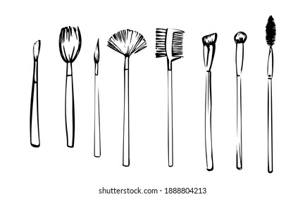 A set of makeup brushes drawn in a hand-drawn style. Professional cosmetic brushes for makeup artists. For beauty salons. Vector contour illustration on a white isolated background.