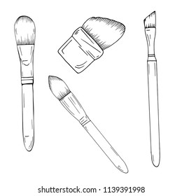 Set of makeup brushes isolated on white background. Hand drawn vector illustration.