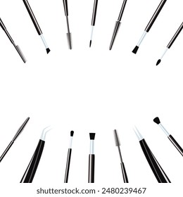 Set of makeup brushes isolated on white. Cosmetics tools collection vector illustration. Beauty accessories for make-up studio, salon, eyelashes and eyebrows extensions cards and designs