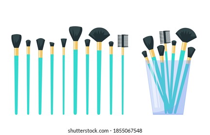 Set of makeup brushes, make up brushes in the glass. Flat vector illustration isolated on white background