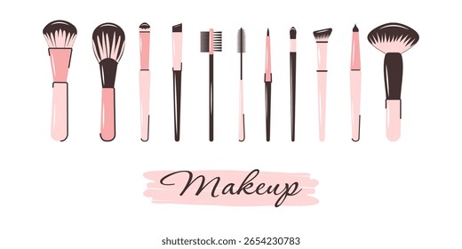 A set of makeup brushes on a white background. The concept of beauty. The concept of beauty, tenderness and femininity. Vector illustration. Vector design