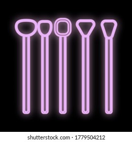set of makeup brushes in pink neon color on a black background. soft, flat brushes for applying shadows, masks, clay and flowing textures. skin care, make-up. vector illustration.