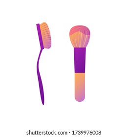 Conjunto de pinceles de maquillaje para polvo y tono, en el estilo de color gradiente. Plantilla de producto cosmético elegante, aislada en fondo blanco. Dos elementos de cuidado personal. Ilustración vectorial plana de moda