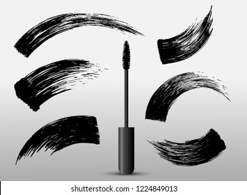 Set of make-up cosmetic mascara brush stroke texture design. Realistic mascara smear template. Mascara eyelashes. Hand drawn lash scribble swatch. Vector illustration. Isolated on white background.
