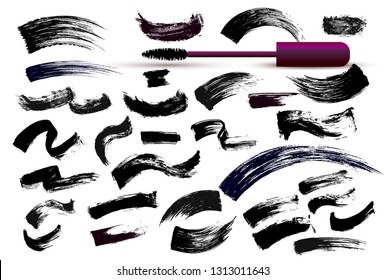 Set of make-up cosmetic mascara brush stroke texture design. Realistic mascara smear template. Mascara eyelashes. Hand drawn lash scribble swatch. Vector illustration. Isolated on white background.